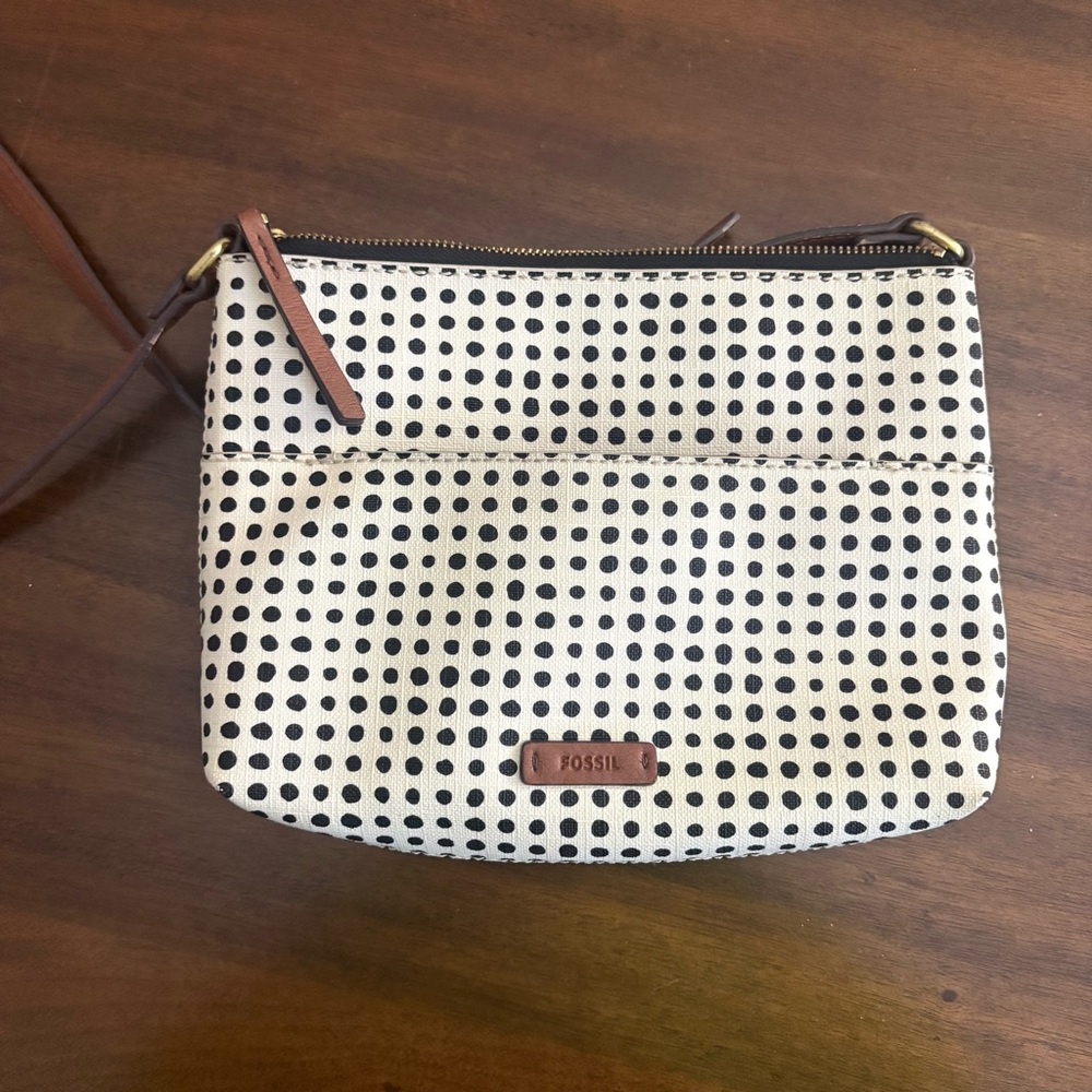 Fossil White Black Dot Crossbody Bag purse Womens preppy whimsy